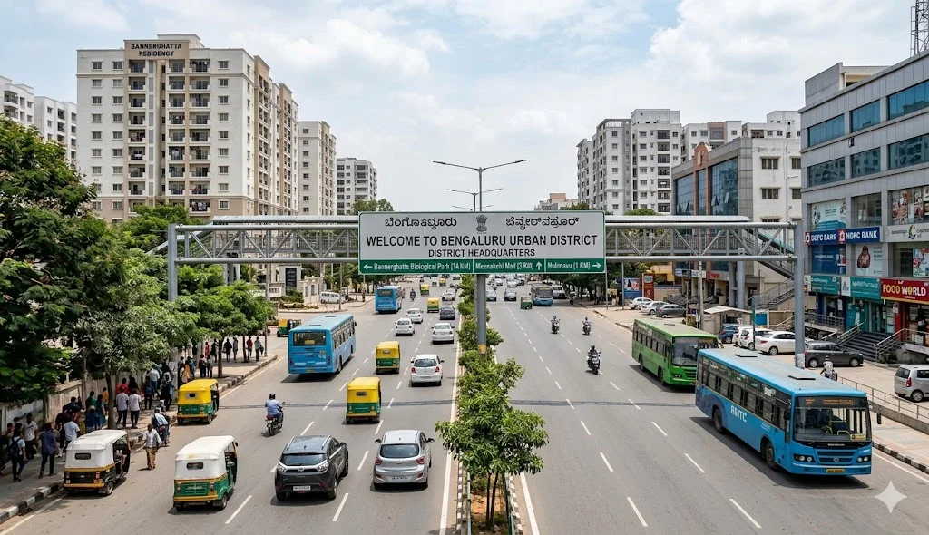 Map showing Bannerghatta Road within the Bangalore Urban District and Bangalore South taluk near the Pink Line Metro.